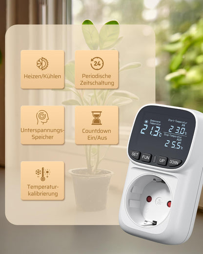 DEWENWILS Temperature controller, German display, Temperature switch with sensor 230V, Digital thermostat outlet, Temperature monitor with heating and cooling modes for greenhouse, terrarium, refrigerator.