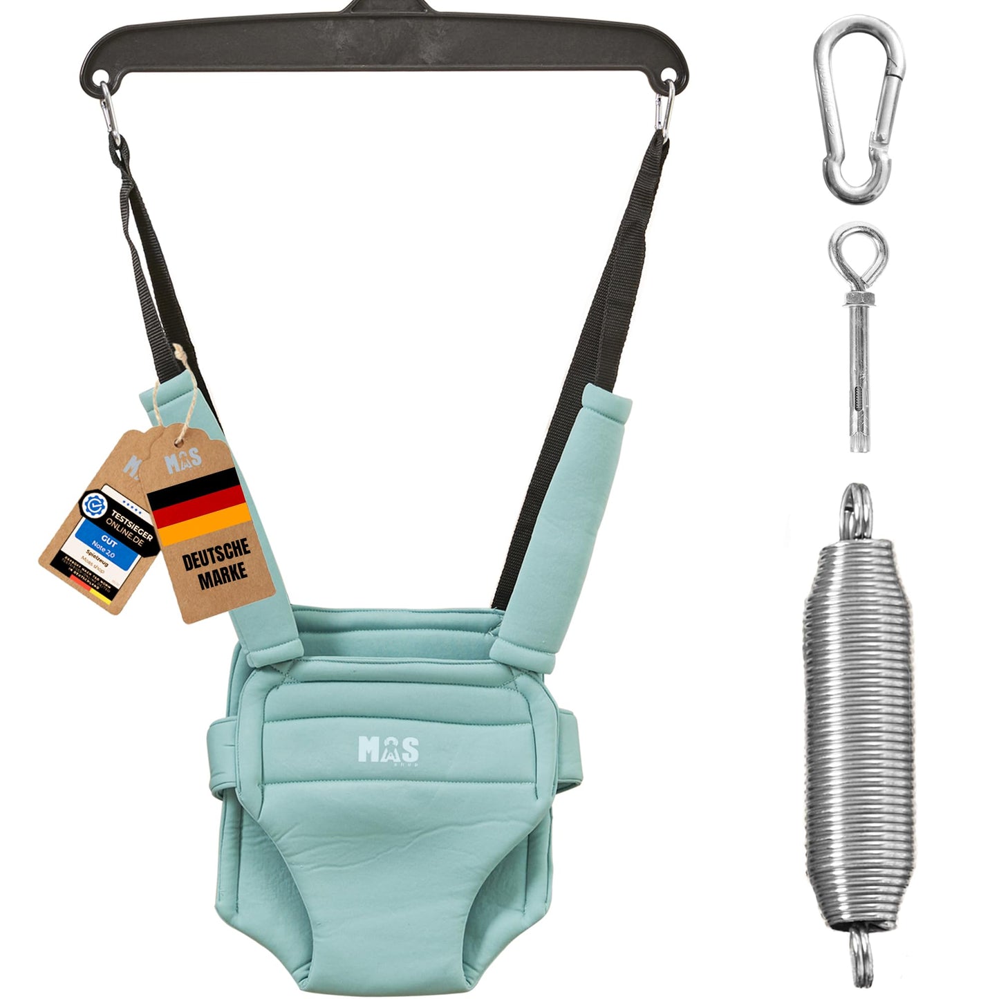 MOAS SHOP® Door Jumper Baby: Door Swing Baby, Baby Jumper, Age 4-24 months, Max Capacity 13kg, Ergonomic Seat with Harness, Adjustable Height, Door Frame Swing, Steel Anchor, Wipeable | Turquoise |