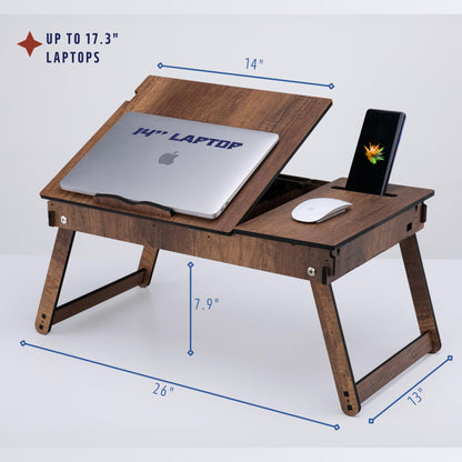 Vigo Wood Laptop Table, wooden laptop stand for bed, adjustable laptop desk and knee tray with built-in storage space, ergonomic design for reading, working