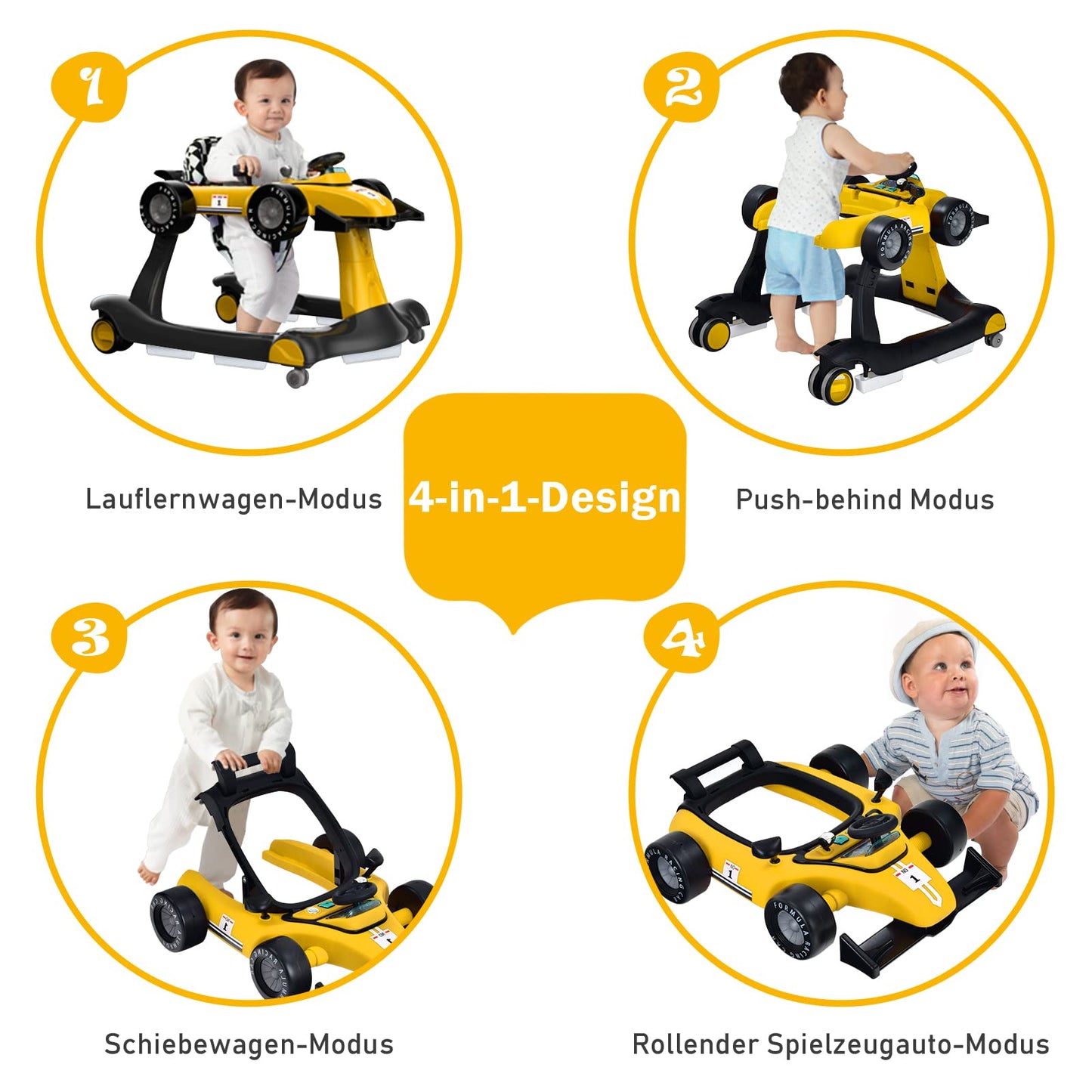 COSTWAY 4 in 1 baby walker, foldable with adjustable height & speed, car-shaped design with music box, lights & wheels, suitable for babies from 6 months, can hold up to 12kg weight (yellow)