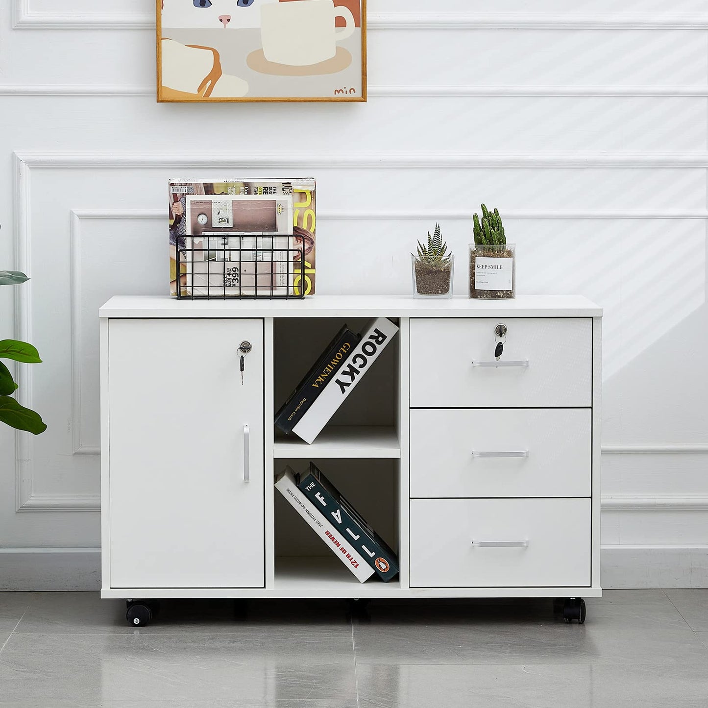 CLIPOP Rolling File Cabinet Office Cabinet with Wheels, Mobile Filing Cabinet Lockable with 3 Drawers, Closed and Open Storage Space, Under Desk Cabinet for A4 Paper, Letters, Files, White