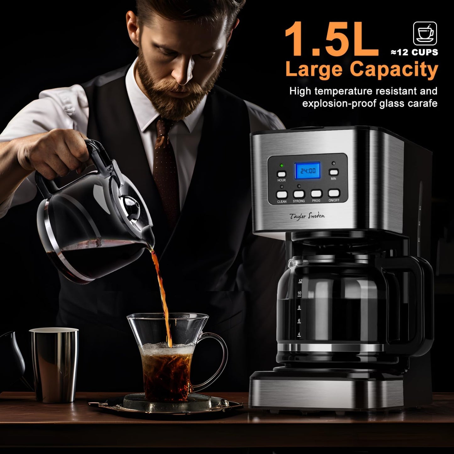 Taylor Swoden Darcy - 950W Coffee Maker with Timer, 1.5L Drip Coffee Maker 12 Cups, Auto Shut Off, Drip Stop, Reusable Filter and Heating Plate, BPA Free, Black, 2 Pieces