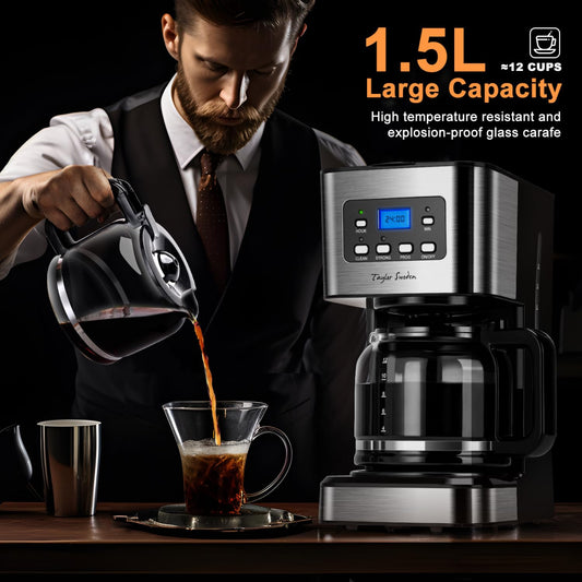 Taylor Swoden Darcy - 950W Coffee Maker with Timer, 1.5L Drip Coffee Maker 12 Cups, Auto Shut Off, Drip Stop, Reusable Filter and Heating Plate, BPA Free, Black, 2 Pieces