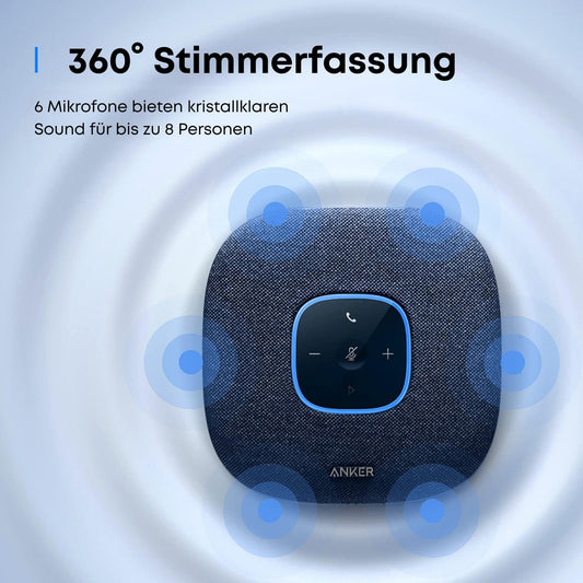 Anchor PowerConf S3 Bluetooth speakerphone features 6 mics, improved voice pickup, 24-hour call time, app control, Bluetooth 5, USB C, and compatibility with popular platforms. Ideal for home offices.