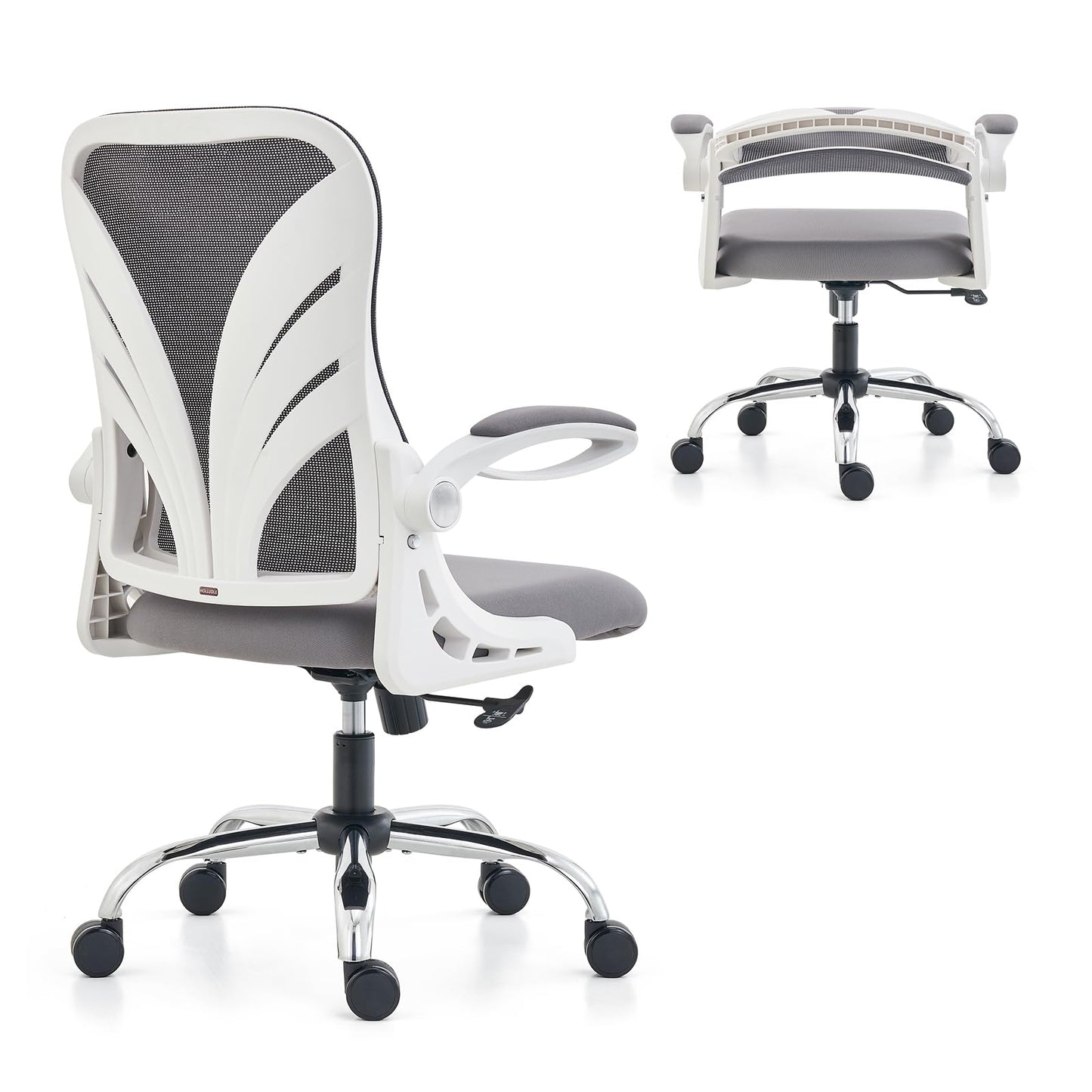 HOLLUDLE Ergonomic Office Chair with Foldable Backrest, Desk Chair with Extended Seat (52 cm), Foldable Armrests and Mesh Lumbar Support Swivel Computer Chair, White