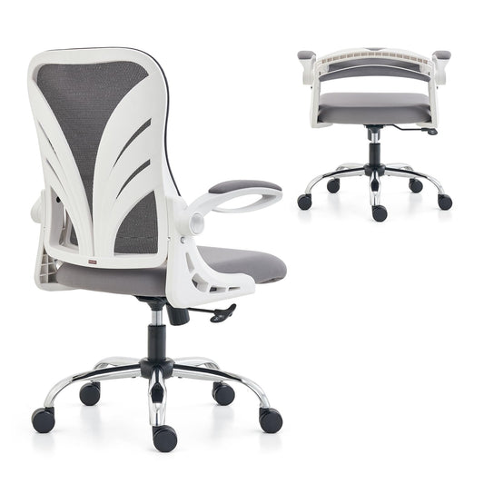 HOLLUDLE Ergonomic Office Chair with Foldable Backrest, Desk Chair with Extended Seat (52 cm), Foldable Armrests and Mesh Lumbar Support Swivel Computer Chair, White