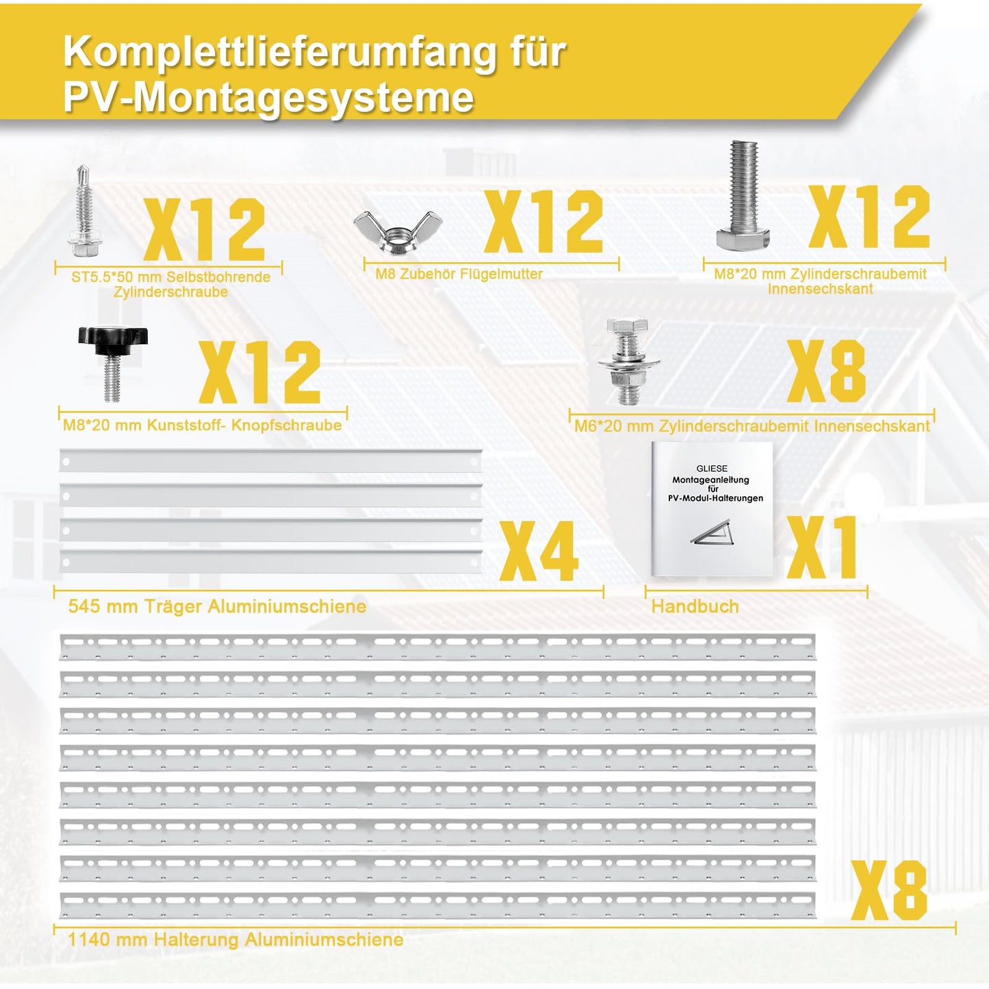 2 sets GLIESE balcony solar mounting brackets 114 cm, aluminum solar module mounting, solar panel mounting, PV module mounting, suitable for flat roofs, balconies, walls, etc.