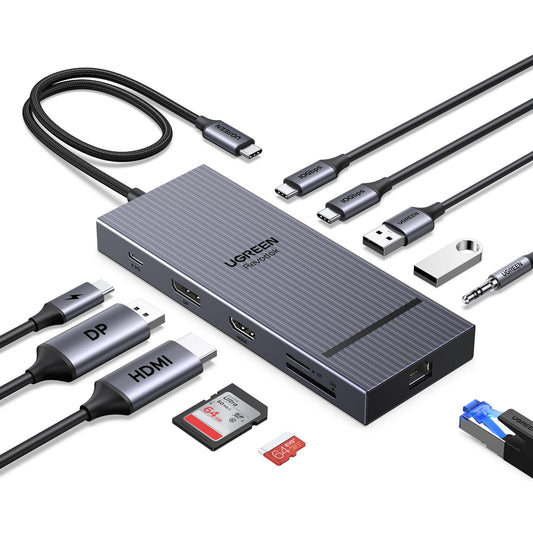 UGREEN Revodok Pro 2111 Docking Station supports 2 monitors - HDMI & DisplayPort 4K@120Hz, 10Gbps USB-C, USB-A, SD/TF, LAN, Audio, 100W PD - Compatible with ThinkPad X1, HP Envy 17, XPS 15, and more.