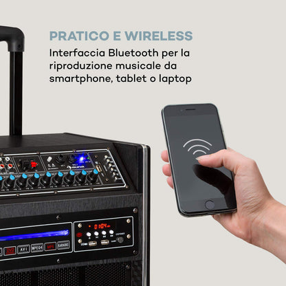 auna Pro DisGo Box DVD - Mobile PA system with built-in DVD player, 300 W max., 2 x 10 (25.5 cm) subwoofers, Bluetooth, USB, SD slot, wireless UHF microphone, battery, remote control, black.