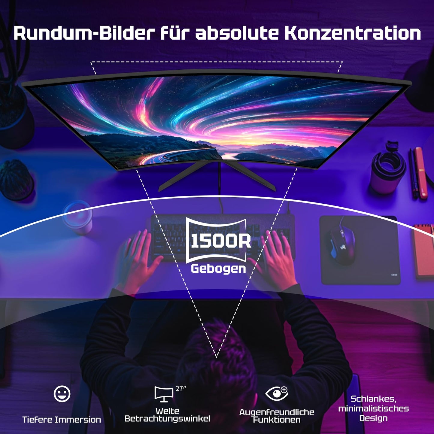 Amzfast Curved Gaming Monitor 27-inch, 240Hz (DP), FHD (1920x1080), sRGB 130%, DCI-P3 98%, VA Panel 1500R, 1ms GtG, Adaptive Sync, Eye-Care, VESA 100x100, HDMI 2.0/DP 1.4 with DP cable - AMZG27C1 Pro
