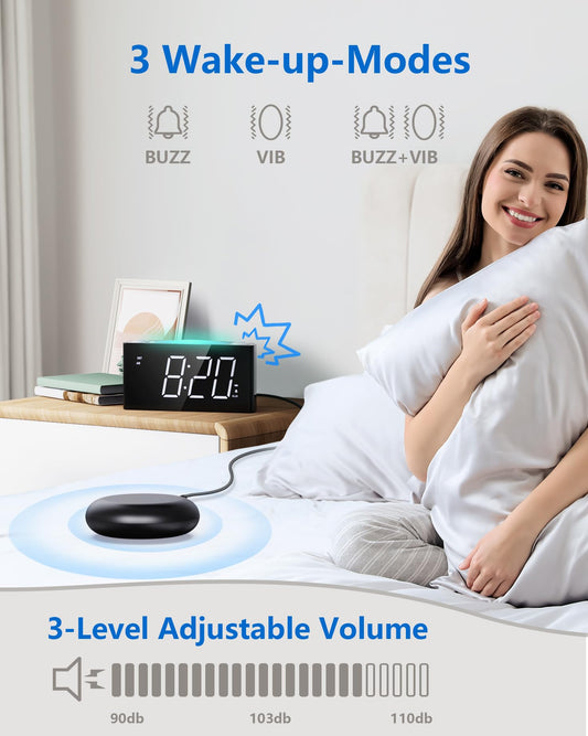 Alarm clock with vibration for deep sleepers & hearing impaired, Type C charger, 12/24 H, loud alarm with 7 ear-piercing levels, large LED display, dimmer, snooze, battery backup, digital alarm clock for bedroom.