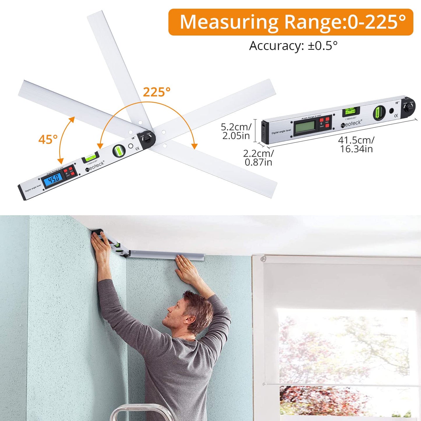 Neoteck Digital Angle Finder 400mm with LCD Spirit Level 0-225° Digital Inclinometer Angle Measuring Tool for vertical horizontal Dual-Level.