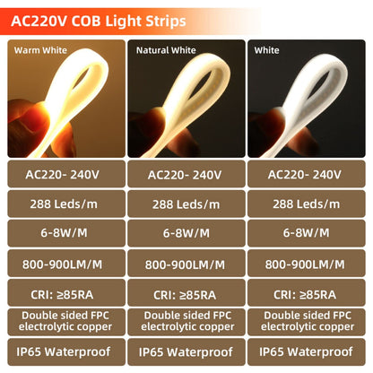 Wisada 220V LED Strip 30M, 288 LEDs/m Flexible High Density Warm White 3000K CRI≥85 FCOB LED Tape, IP65 Waterproof Super Bright COB LED Light Strip with Switch Plug for Bedroom, Cabinet Lighting