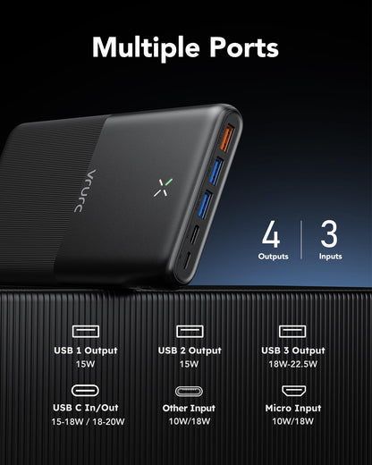 VRURC Power Bank 30000mAh 22.5W Portable Charger USB C Fast Charging External Battery Packs with 4 Outputs and 3 Inputs Compatible with iPhone, Huawei, Tablets, etc. (Black)