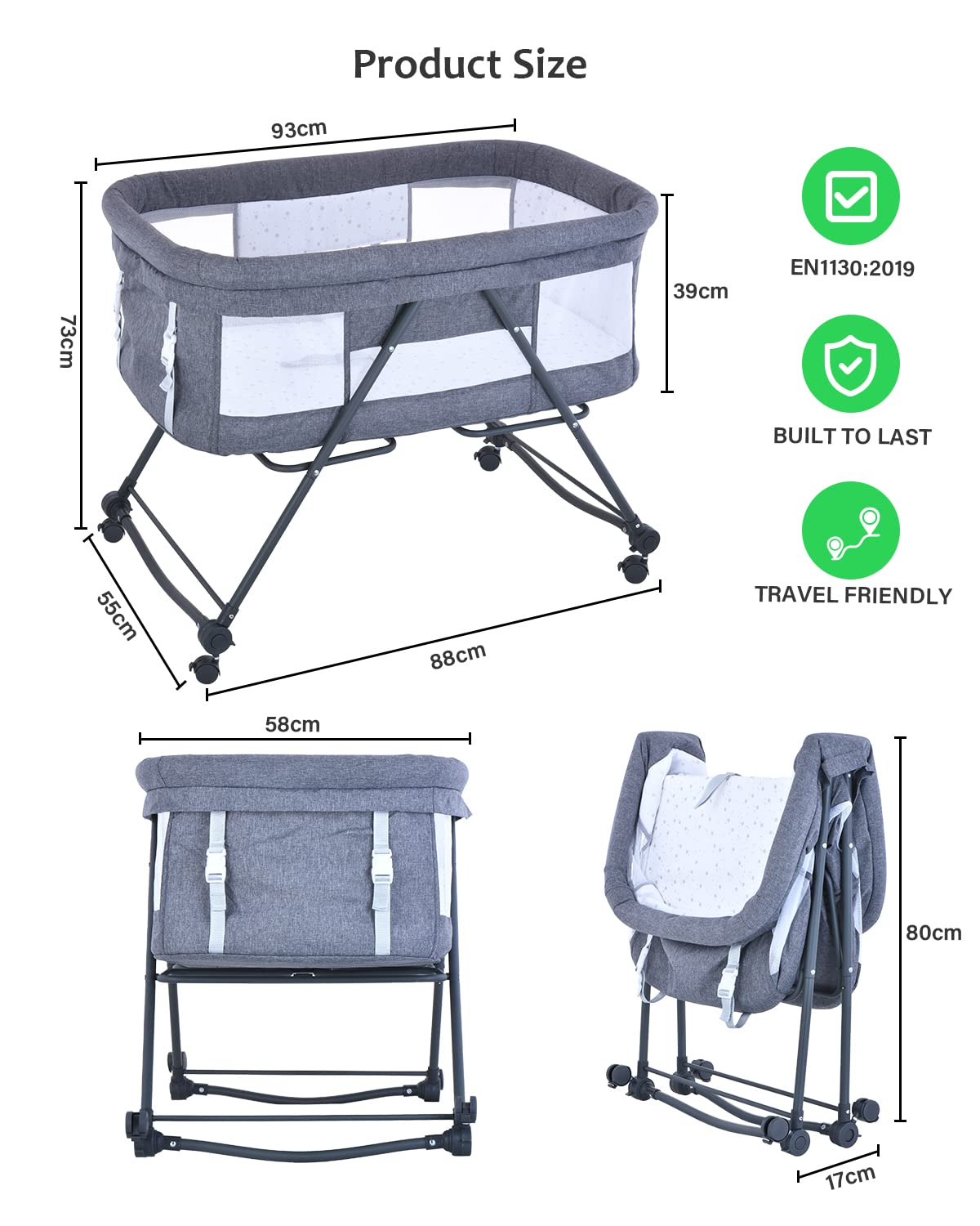 UBRAVOO Foldable bedside baby cot, grab-and-go baby bed with mattress, wheels, travel bag, mosquito net, children's travel cot, kids bed, additional bed for newborns, Bravo Pro, Gray.
