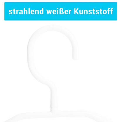 50 white plastic hangers with swivel hooks, approximately 41 cm long, a sustainable solution for organizing your closet, Made in EU, environmentally friendly with 100% recycled material.