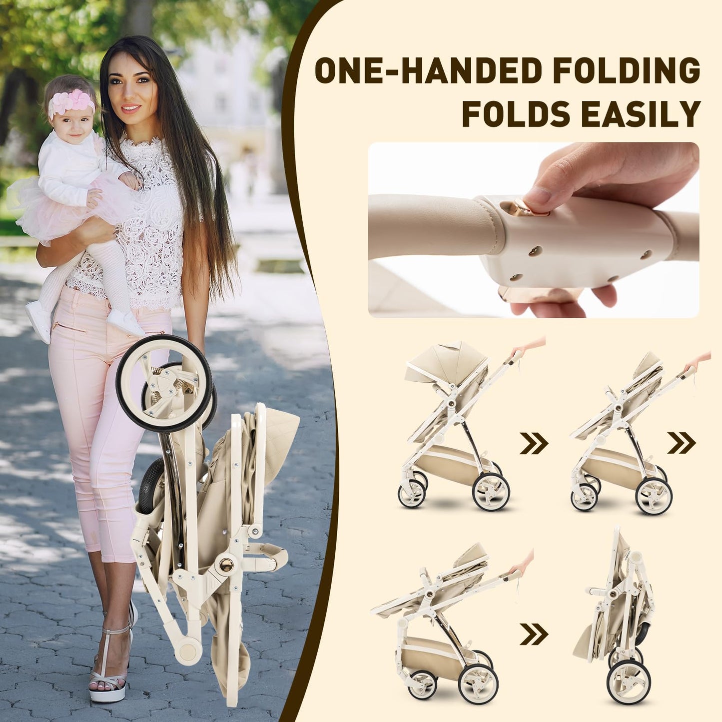 Gcarebb PU Leather 3 in 1 Stroller, Buggy with Car Baby Seat, One-click Foldable Portable Stroller Complete Set, Combo Stroller with Aluminum Frame for Newborns 0-4 Years