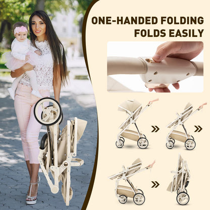 Gcarebb PU Leather 3 in 1 Stroller, Buggy with Car Baby Seat, One-click Foldable Portable Stroller Complete Set, Combo Stroller with Aluminum Frame for Newborns 0-4 Years