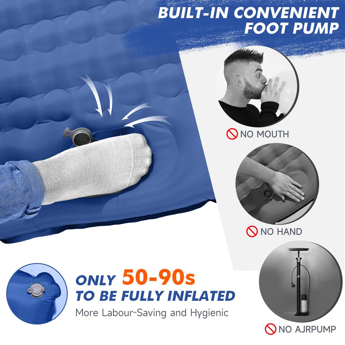 HiiPeak self-inflating camping mat 12cm thick with integrated pillow. Outdoor sleeping pad with small pack size and foot pump, inflatable air cells for high camping comfort.