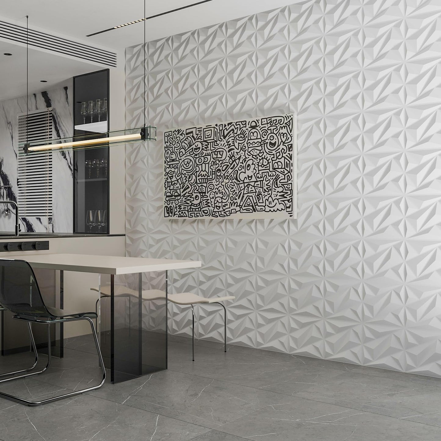 Art3dwallpanels PVC 3D Wall Panel Diamond for Interior Wall Decor in White, 3D Textured Wall Panels, 33 Pieces Tiles