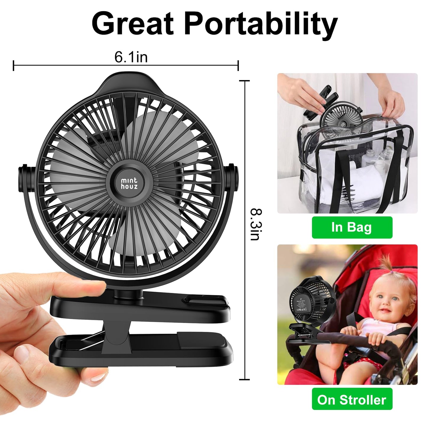 Minthouz Table Fan with Clip, 8000mAh USB Fan, 5 Speeds Portable Mini Fan, Quiet Ceiling Fan Ideal for Outdoor Camping/Stroller/Home/Office