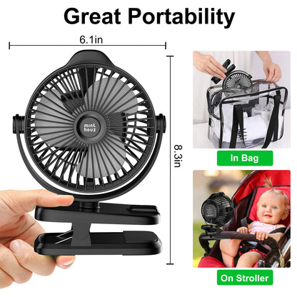 Minthouz Table Fan with Clip, 8000mAh USB Fan, 5 Speeds Portable Mini Fan, Quiet Ceiling Fan Ideal for Outdoor Camping/Stroller/Home/Office