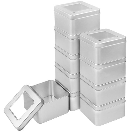 Kurtzy Silver Metal Cans with Lid (10 Pack) 9x9xH5.7cm Small Metal Boxes Portable Empty Metal Box with Lid without Hinge - Mini Storage Box Metal Rectangular Containers & Survival Kit