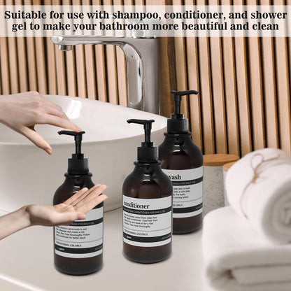 3 pieces Soap Dispenser Wall Mount, 500ml Shampoo Conditioner Body Wash Dispenser with Pump and Waterproof Labels for Kitchen Bathroom (With Stainless Steel Wall Mounts, Amber, No Drilling)
