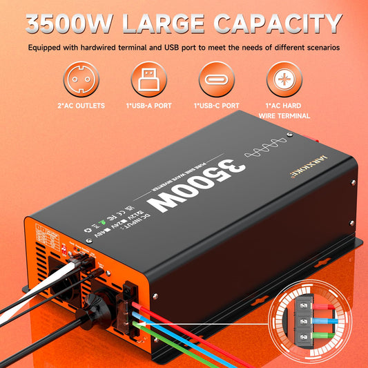 12V to 230V inverter 3500W/7000W pure sine wave power converter with remote control, LCD screen, dual USB ports, Type-C port, 2 AC outlets. Inverter for solar vehicles, cars, and RVs.