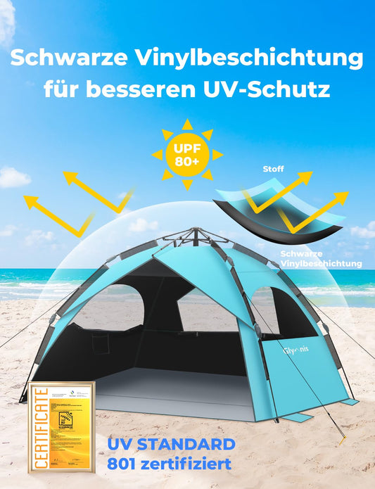 Glymnis Quick Up Beach Tent Automatic Beach Tent UV Protection 50+ Windproof Small Packing Size Blue Beach Tent for 4 to 6 People