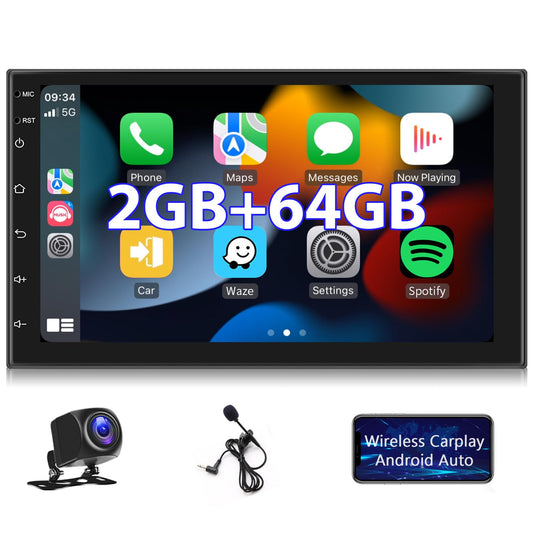 Hodozzy Android car stereo 2G+64G Wireless CarPlay Android Auto Double Din Radio with navigation 7 inch touchscreen GPS Bluetooth WiFi FM RDS Radio Rearview camera ISO adapter cable