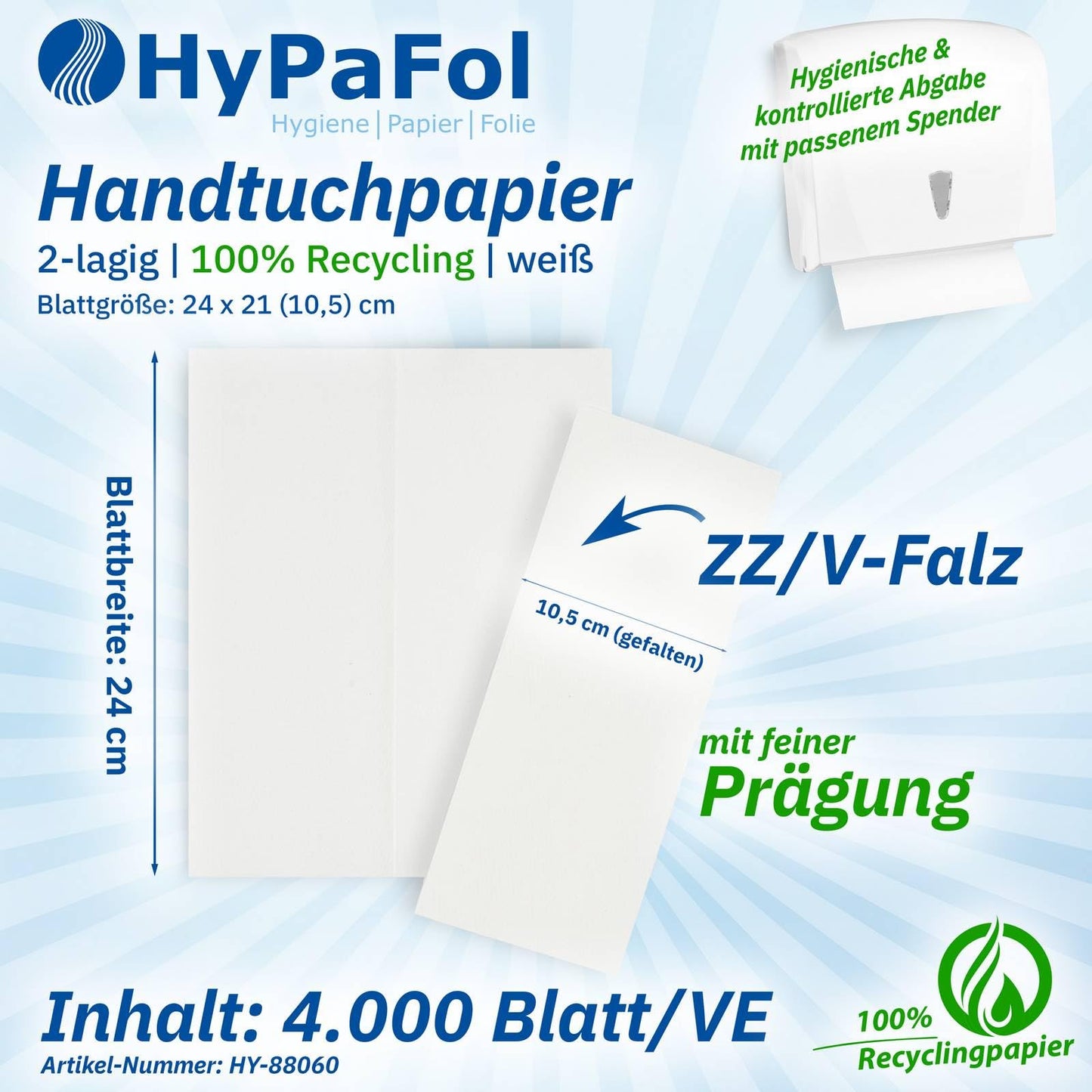 Hypafol paper towels for dispensers, white, 2-ply, 24x21 cm, 128000 sheets, 512 x 250 sheets, convenient V-fold for towel dispensers in toilets, offices, practices & studios.