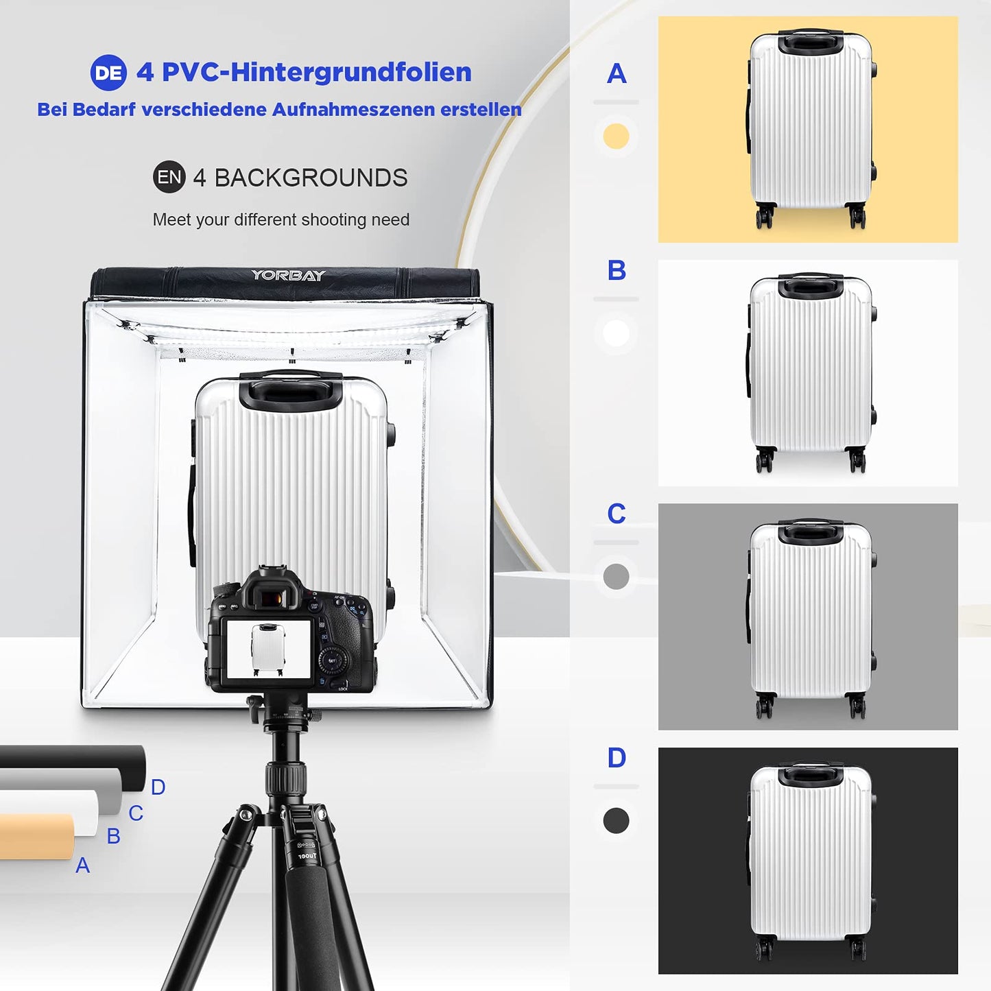 Yorbay photo studio set 80 x 80 x 80cm CRI 95+ LED lightbox light cube professional photography light tent incl. 4 PVC background sheets (black, white, gray, warm white) Reusable