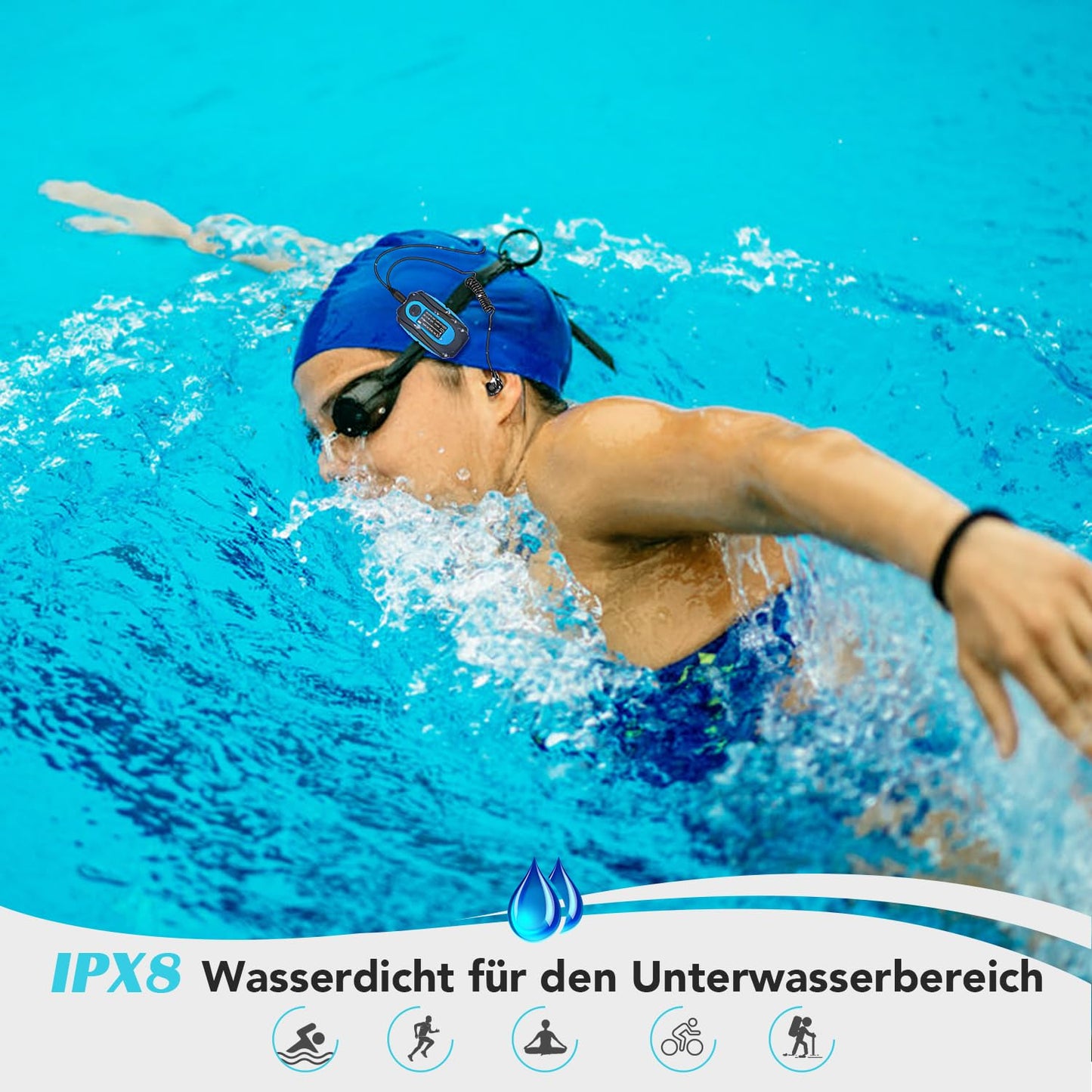 AGPTEK IPX8 Waterproof MP3 Player, 8GB HiFi MP3 Music Player for Swimming and Running, with waterproof headphones, audio cable, and 3 pairs of ear tips (L/M/S), supports FM, shuffle function, Blue.