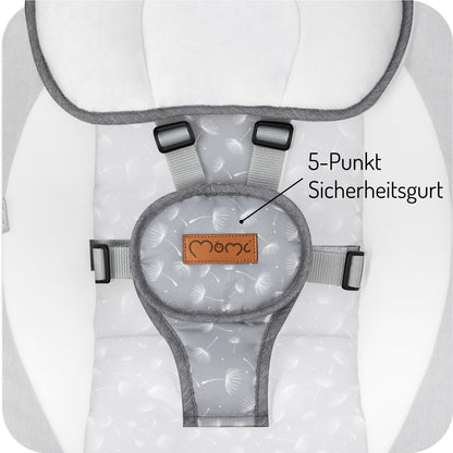 MoMi KENANI baby bouncer for children up to 9 kg, foldable, with remote control & Bluetooth for connecting to smartphone, battery or power connection, with 5-point safety harness, sunshade, insect net