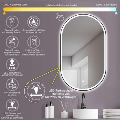 HOKO LED Design Bathroom Mirror oval 45x75 cm / 75x45 cm Brescia+ Black Metal Frame. VERTICAL+HORIZONTAL Installation. Lighted mirror, also Vanity Mirror+Touch Switch+Light Change-Warm White-Cool White-Neutral