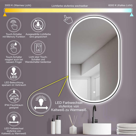 HOKO LED Design Bathroom Mirror oval 45x75 cm / 75x45 cm Brescia+ Black Metal Frame. VERTICAL+HORIZONTAL Installation. Lighted mirror, also Vanity Mirror+Touch Switch+Light Change-Warm White-Cool White-Neutral