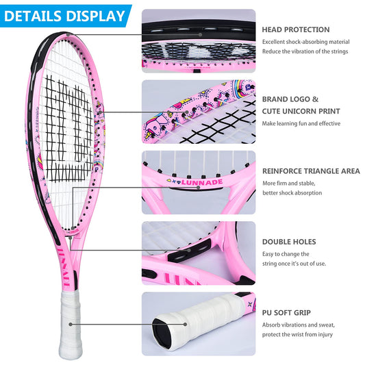LUNNADE Kids Junior Tennis Racket, 19/21/23/25 inch youth tennis racket with cover, suitable for beginner boys and girls aged 3-12.