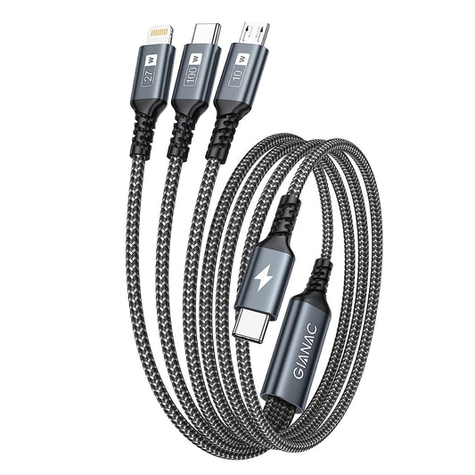 100W USB C to Multi Cable [1.2M] Fast Charging Cable with E-Mark Chip 3 in 1: [100W] + Micro [10W] + Lightning [27W] for Galaxy S23/iPad Pro, iPad Mini, MacBook Pro/Air/iPhone 15 14 13