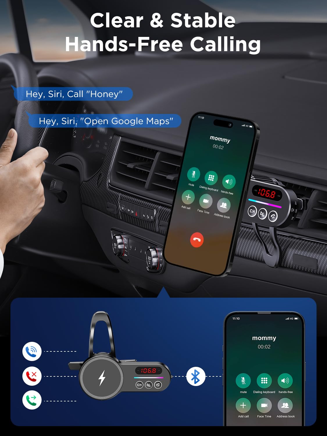 Gift for MagSafe Car Bluetooth Transmitter Mount, Black 20X Powerful Magnetic Phone Holder for iPhone, Bluetooth Car Adapter Hands Free, Easy to Install, 12 Months Warranty.