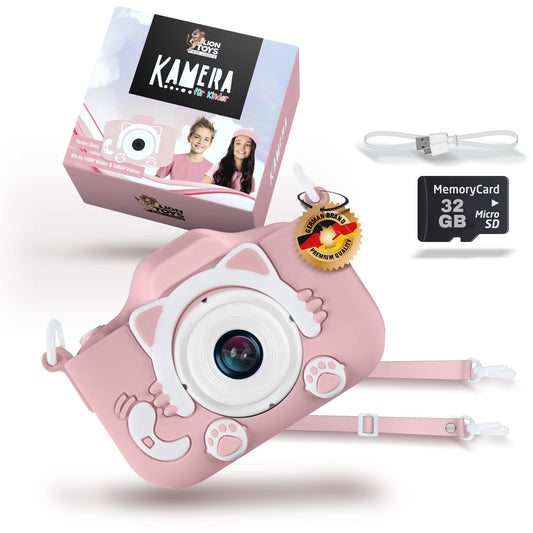 Lion Toys Kids Camera Pink | Photo camera with 32GB memory card, silicone protective case & fun effects | 18 megapixels | rechargeable | Easy operation for 3-12 years.