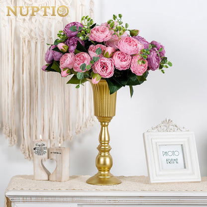 Nuptio 10 Piece Blooming Metal Trumpet Vase Elegant Vase with Centerpieces for Wedding Celebrations, 31.9cm High, Artificial Flower Arrangements for The Anniversary Party Gold