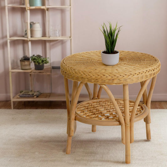 Basket-Outlet Rattan Table/Side Table Round/Coffee Table Rattan Table Shelf (Honey)