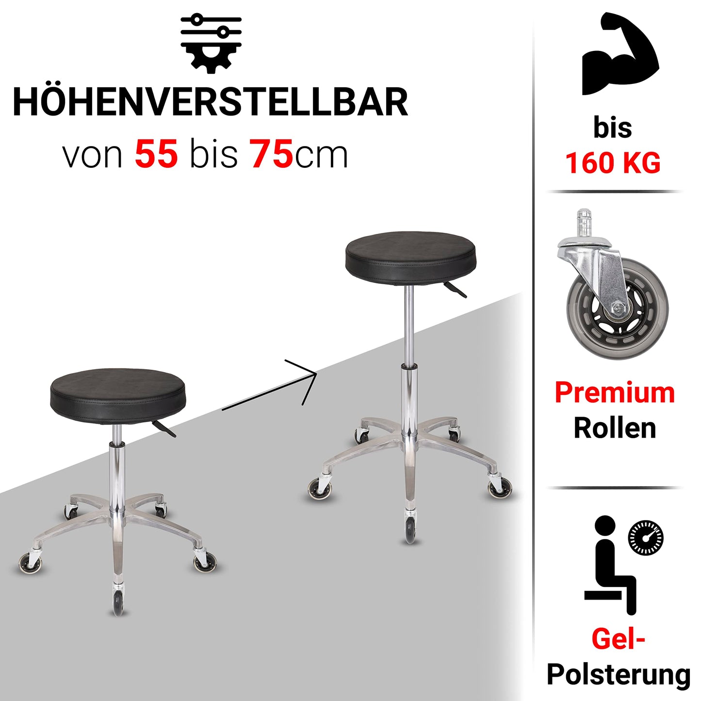 Staboos rolling stool up to 160 kg - gel cushion seat round - practice stool (premium castors) swivel stool height adjustable (55 cm to 75 cm) round stool