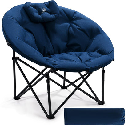 EVER ADVANCED Luxury Camping Chair Foldable Moon Chair Oversized 150KG Round Folding Chair Thickly Padded, Oversized Folding Chair High Back with Cushion, Extra Wide for Outdoor Garden Balcony Indoor, Blue