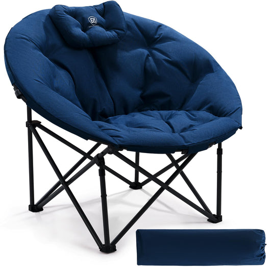 EVER ADVANCED Luxury Camping Chair Foldable Moon Chair Oversized 150KG Round Folding Chair Thickly Padded, Oversized Folding Chair High Back with Cushion, Extra Wide for Outdoor Garden Balcony Indoor, Blue