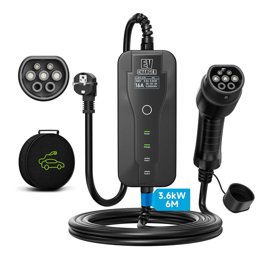 AFYEEV 3.6kW Type 2 charging cable, 6M, with Schuko plug for electric car, adjustable current 8A/10A/13A/16A, EV charger with bag (IEC 62196-2)