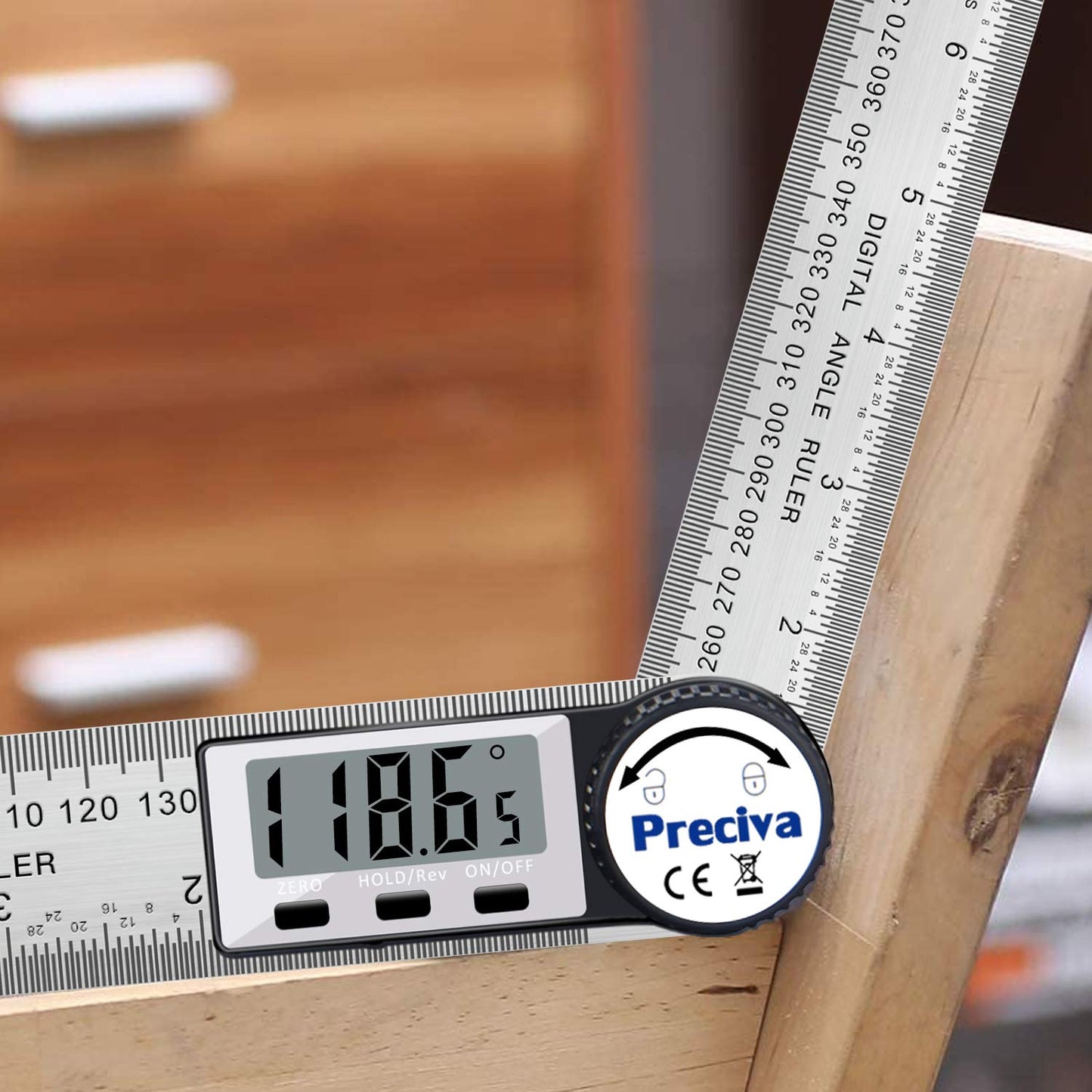 Protractor, Preciva Digital Protractor with HOLD screen and 180° rotating function, 400mm angle gauge ruler made of stainless steel for woodworking, DIY - large display
