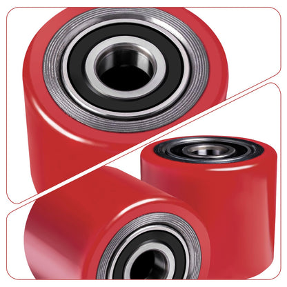 4 pieces of pallet truck wheels Polyurethane 80 x 70 mm, axle 20 mm incl. ball bearings. Wheels for pallet trucks replacement wheels, Max. load 600 KG.