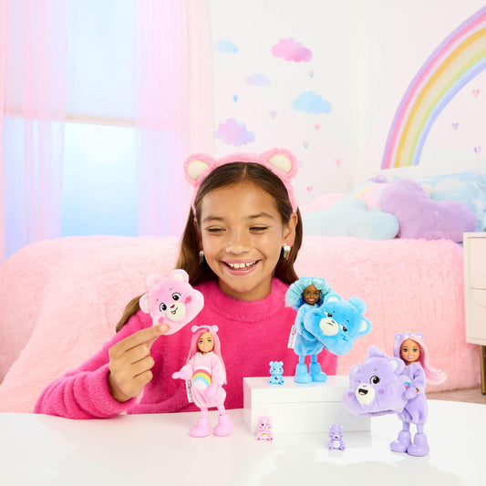 Barbie Cutie Reveal Chelsea doll and accessories, Care Bears line, small doll in plush costume with 6 surprises (styles may vary), JCN97